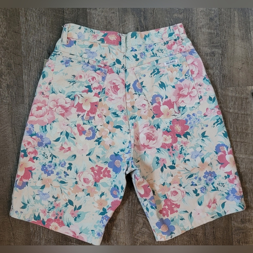 80's 90's Vintage High Waist Floral Print Jean Shorts Womens 4 Cream 100% Cotton - Picture 2 of 10